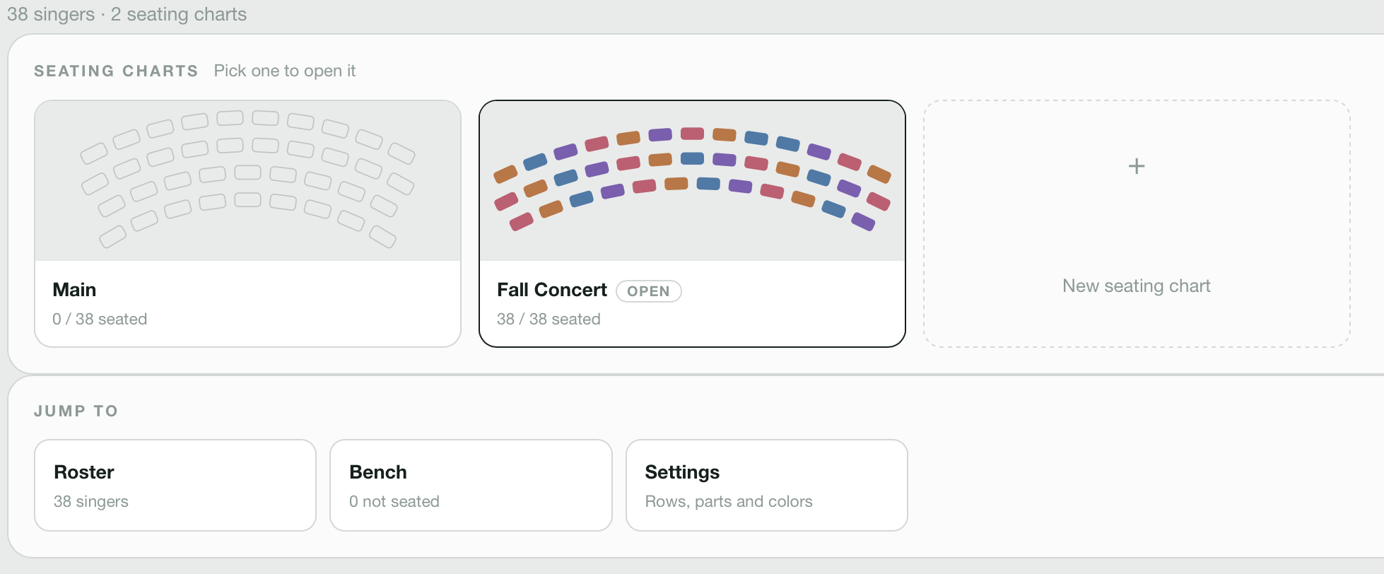 Jari home screen showing two seating charts